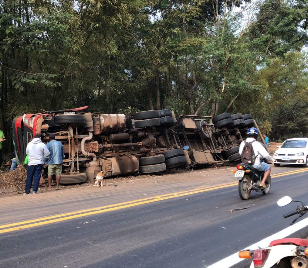 Carreta carregada com madeiras tomba na BR-262